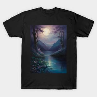 Moonlit Lake Surrounded by Blooming Trees and Mountain Range T-Shirt